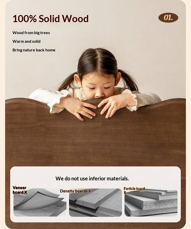 Rubberwood Solid Wood Low Kids Bed with Removable Legs and Adjustable Headboard Height