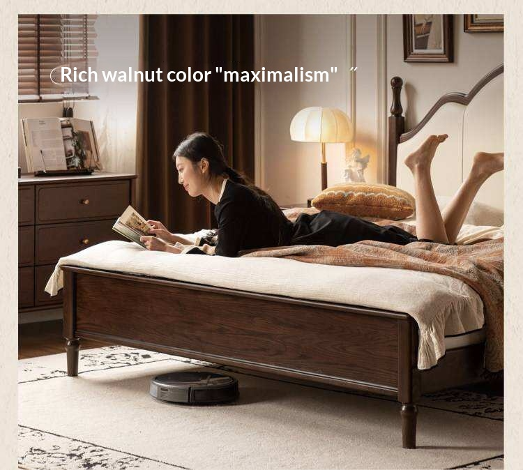 Ash Solid Wood Upholstered Bed with Tall Arched Headboard and Turned Finial Posts