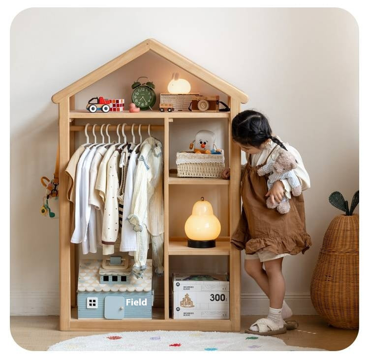 Poplar Solid Wood Children's Toy Storage Cabinet and Wardrobe With Hangers