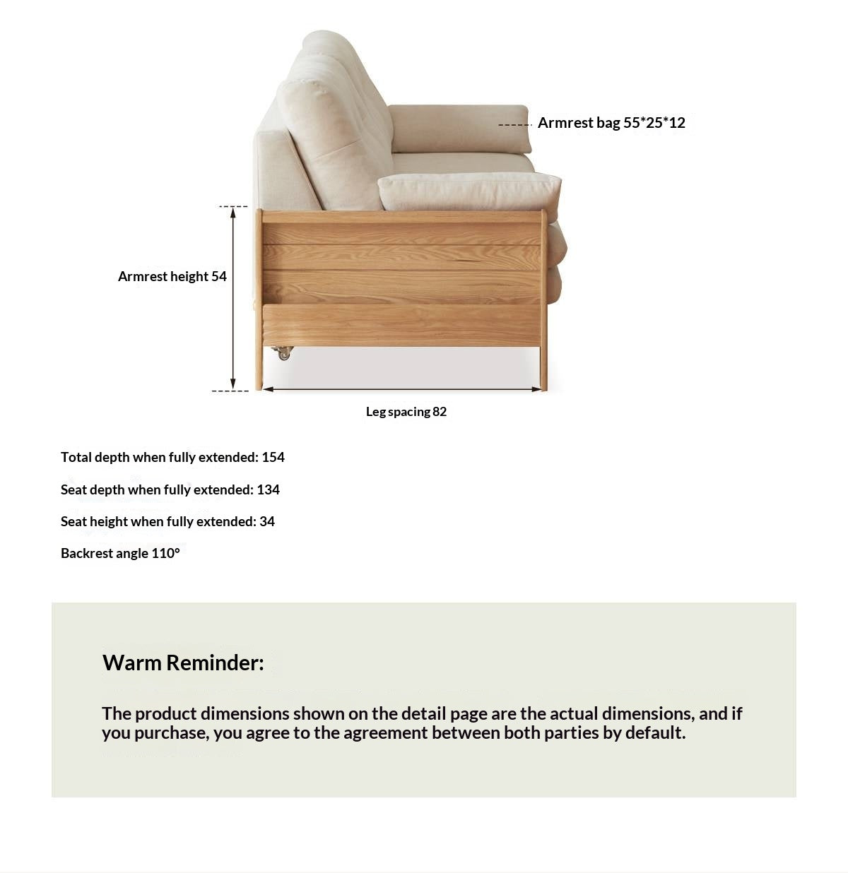 Oak Solid Wood Tufted Sofa Bed with Wood Frame and Side Storage Pocket