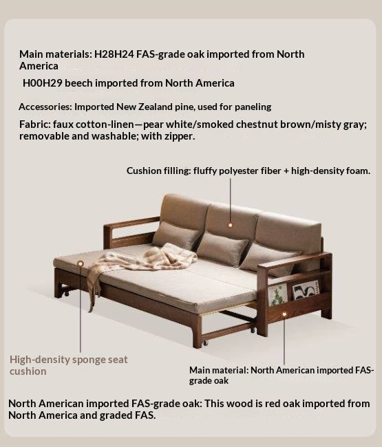 Oak, Beech Sofa Bed with Wood Frame and Side Storage Pocket