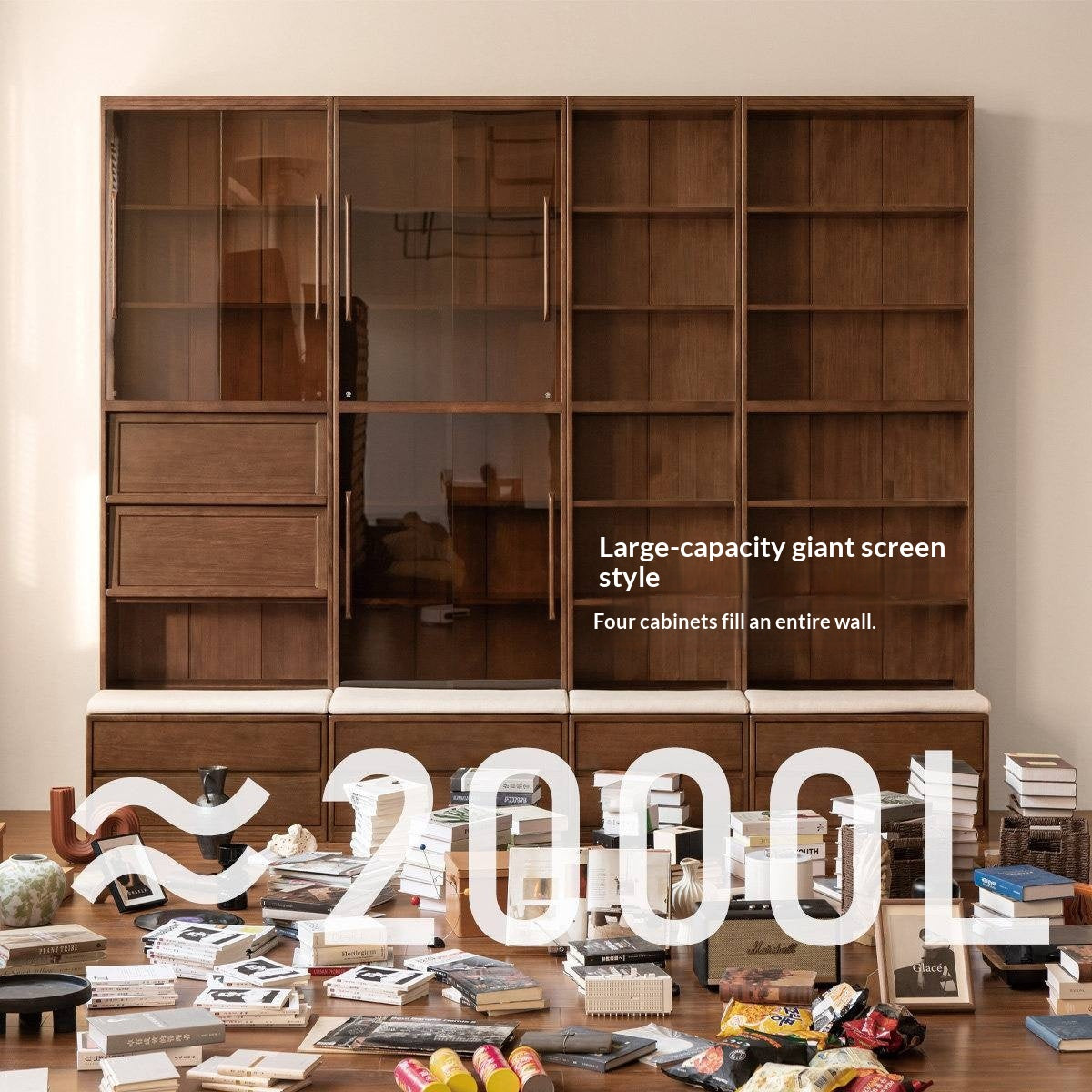Solid Longan Hardwood, Ash Solid Wood Bookcase with Floor-to-Deck and Wall-Mounted Display Cabinet