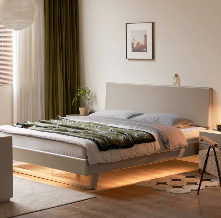 Poplar Solid Wood Floating Bed with Lights, Modern Minimalist