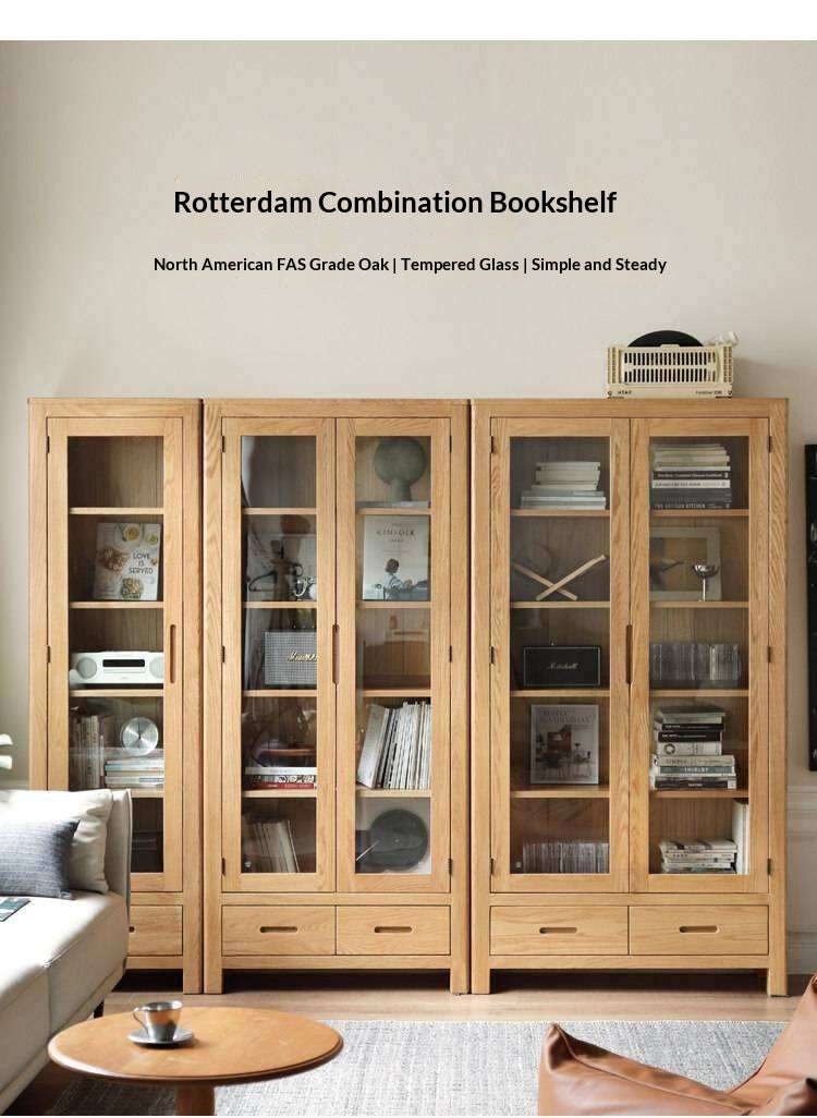 Oak, Solid Rubberwood Modern Bookcase with Glass Door Display Cabinet