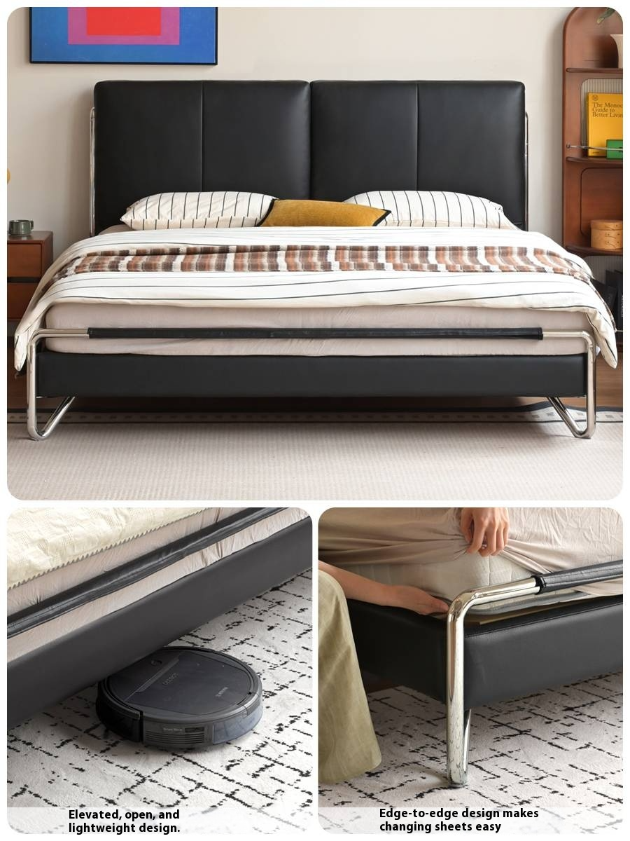 Genuine Leather Italian Style Light Luxury Black Bed