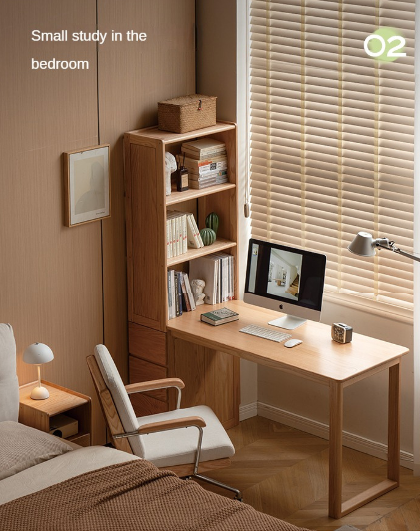 Oak Solid Wood Desk with Bookshelf and Drawer