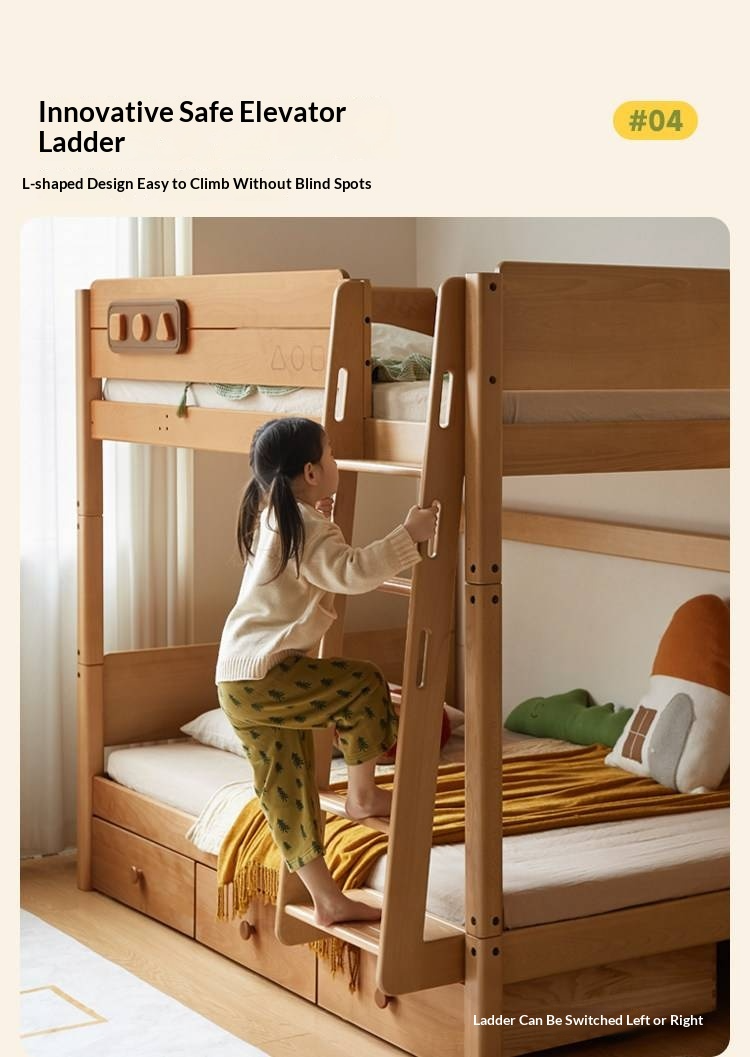 Beech Solid Wood Convertible Bunk Bed with Storage Drawers
