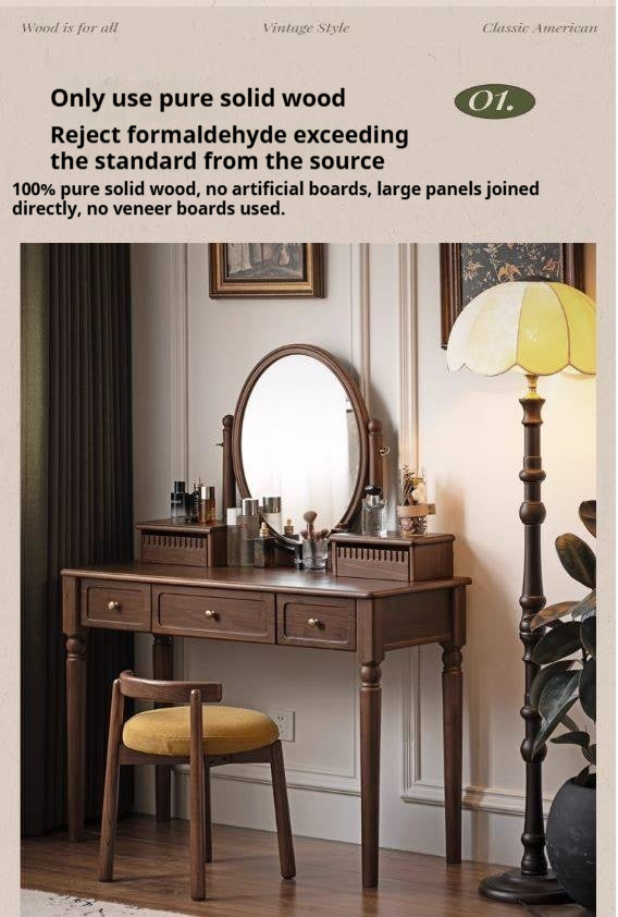 Black Walnut, Tulipwood Solid Wood Retro Style Dressing Table With Built-In Mirror