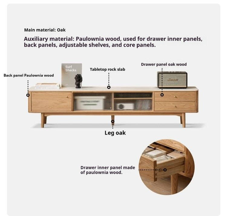 Oak, Poplar, Beech Solid Wood Sliding Door TV Stand With Rock Slab Surface.