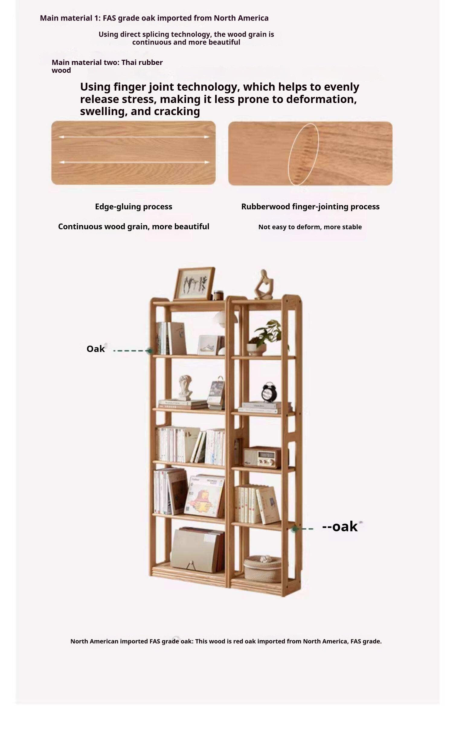 Oak Solid Wood, Solid Rubberwood Modern Ultra-Thin Bookshelf