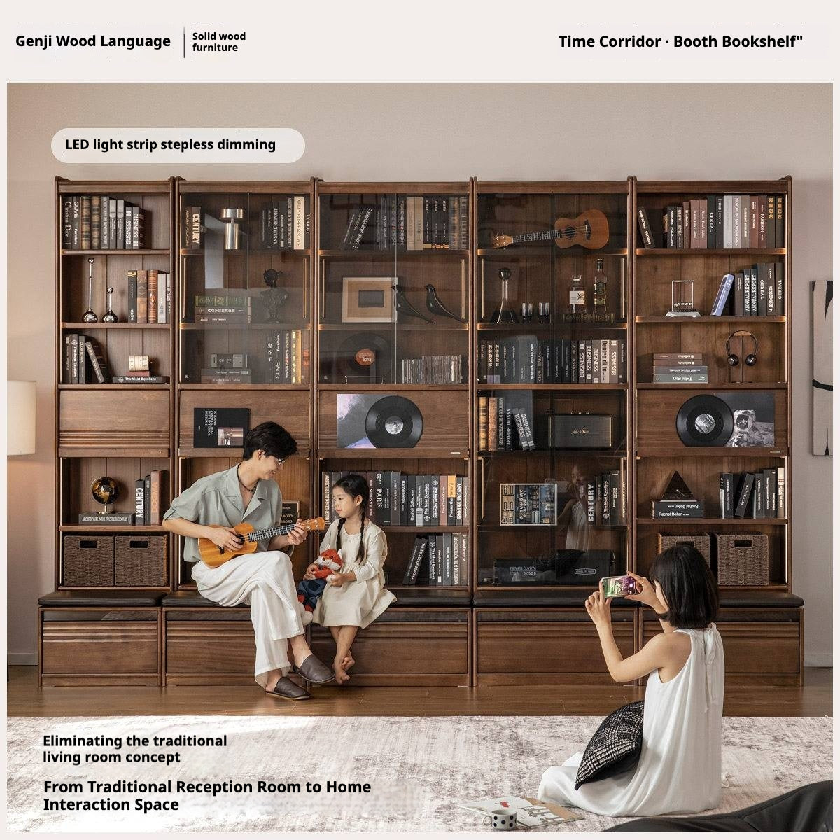 Black Walnut, Ash Solid Wood Combination Bookcase with Floor Display and Luxury Storage
