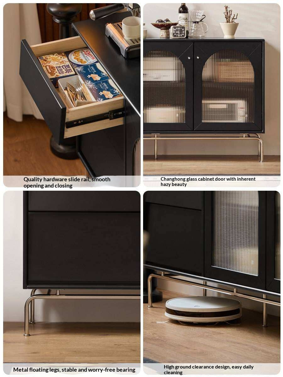 Solid Rubberwood French Retro Sideboard Black Glass