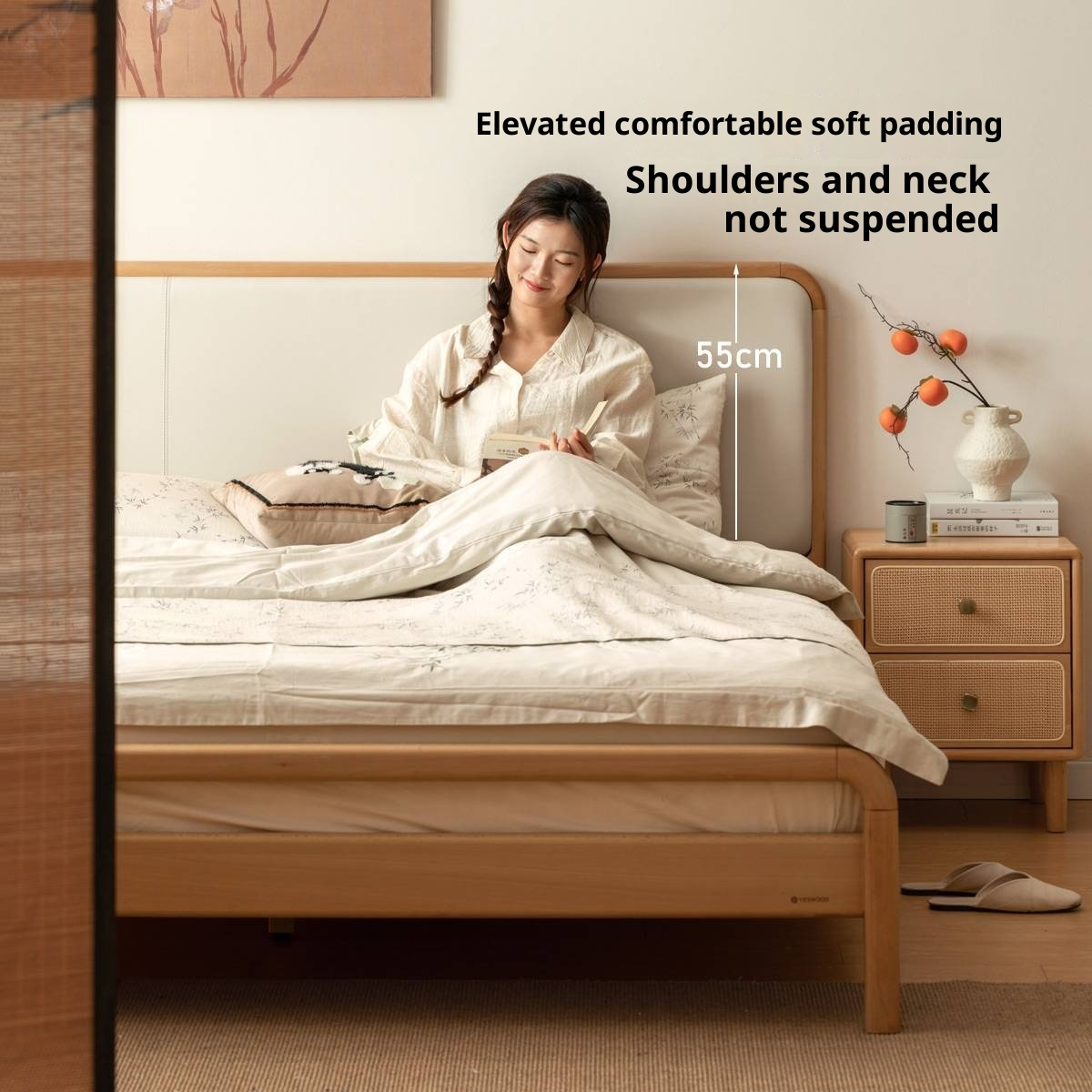 Beech Solid Wood Genuine Leather Soft Headboard Bed