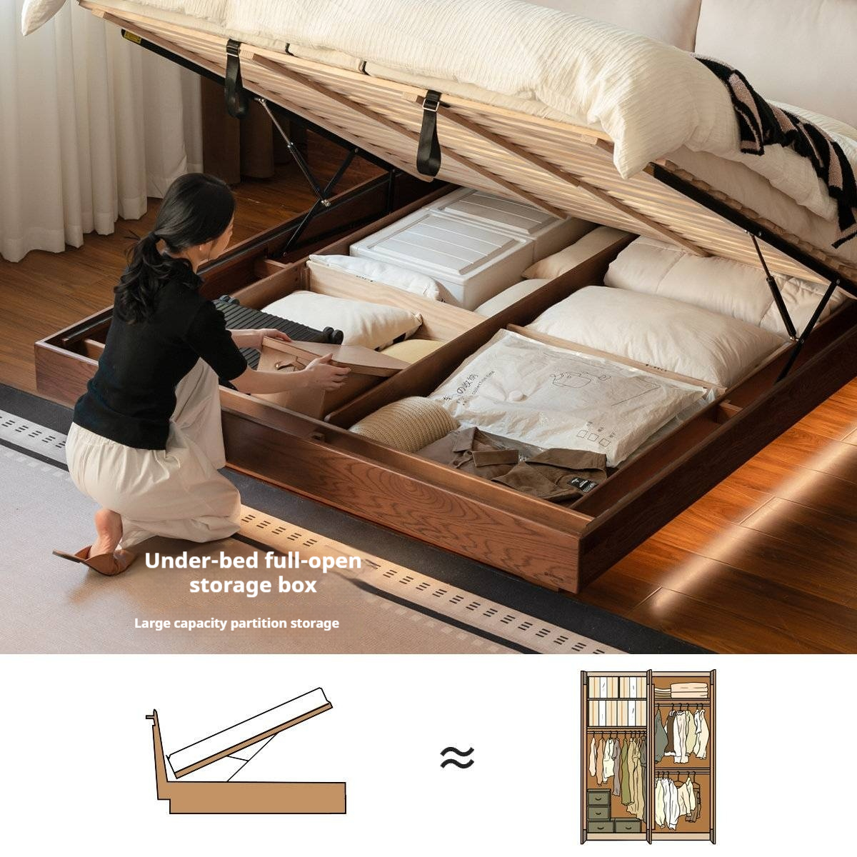 Oak Solid Wood Box Bed — Italian Light Luxury with Soft Genuine leather Backrest