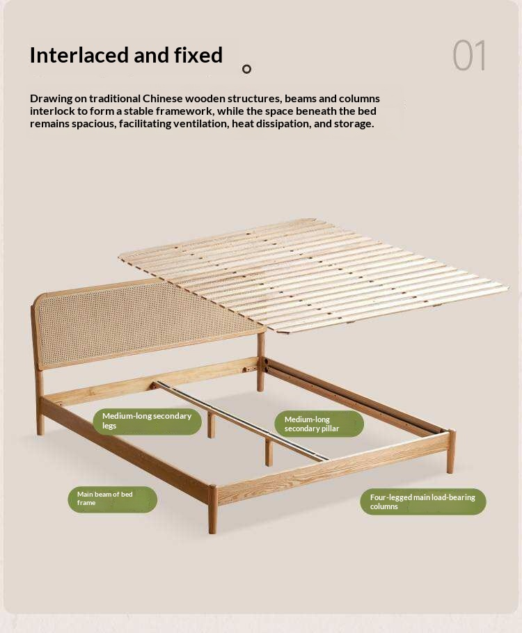 Oak Solid Wood Platform Bed with Curved Rattan Headboard