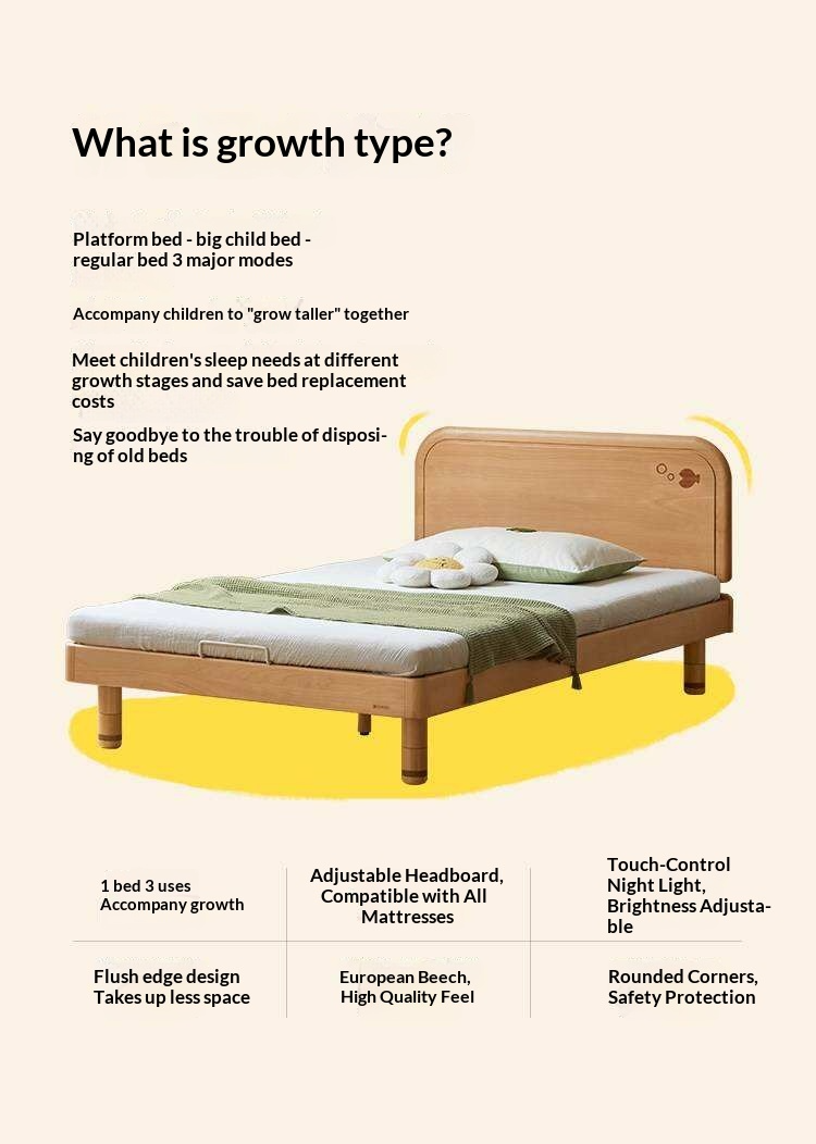 Beech Solid Wood Kids Platform Bed with Night Light