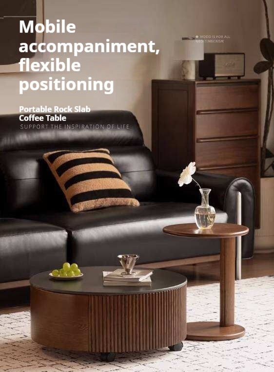 Oak Solid Wood Coffee Table with Layered Round Design and Rock Top