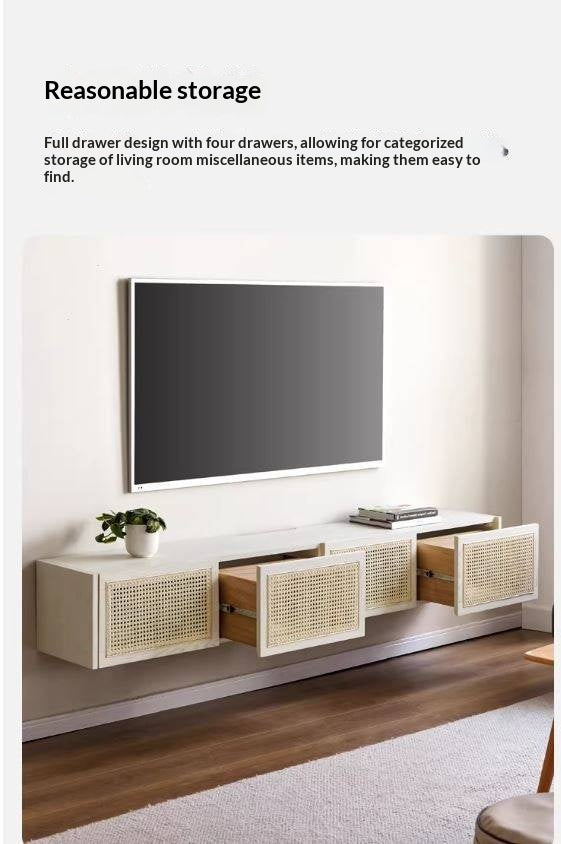 Ash Solid Wood Rattan TV Cabinet Cream Style LED Lights.