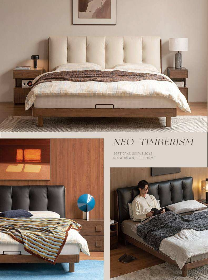 Black Walnut, Rubberwood Solid Wood Leather Upholstered Platform Bed with Vertical Channel Tufted Headboard
