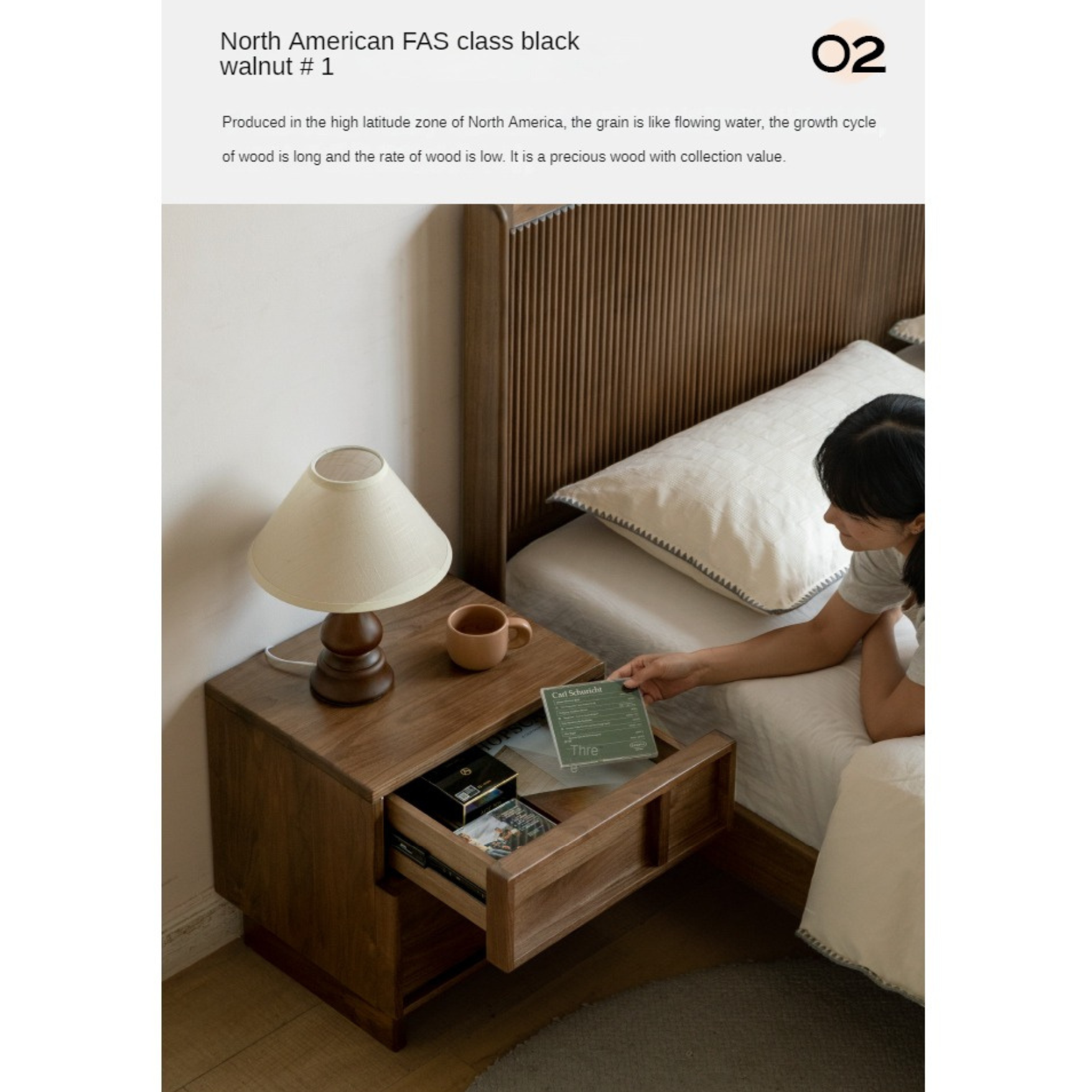 Black Walnut Solid Wood Storage Bedside Nightstand ,