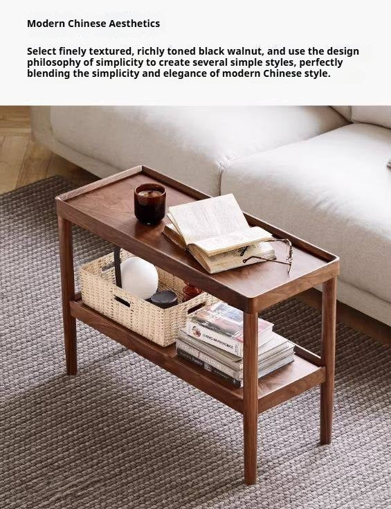 Black Walnut Solid Wood Side Table, Double Layer Storage Shelf