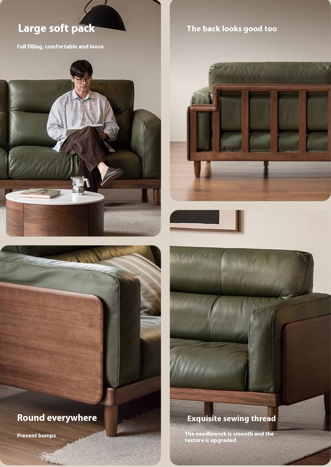 Sandalwood, Ash Solid Wood Genuine Leather, fabric High-Back Sofa