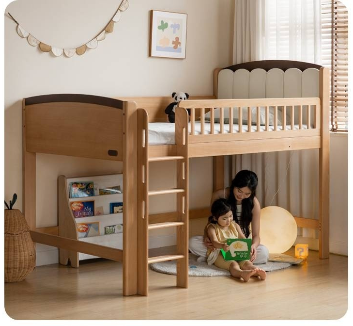 Beech Solid Wood Children's Soft Backrest Storage Loft Bed with Night Light