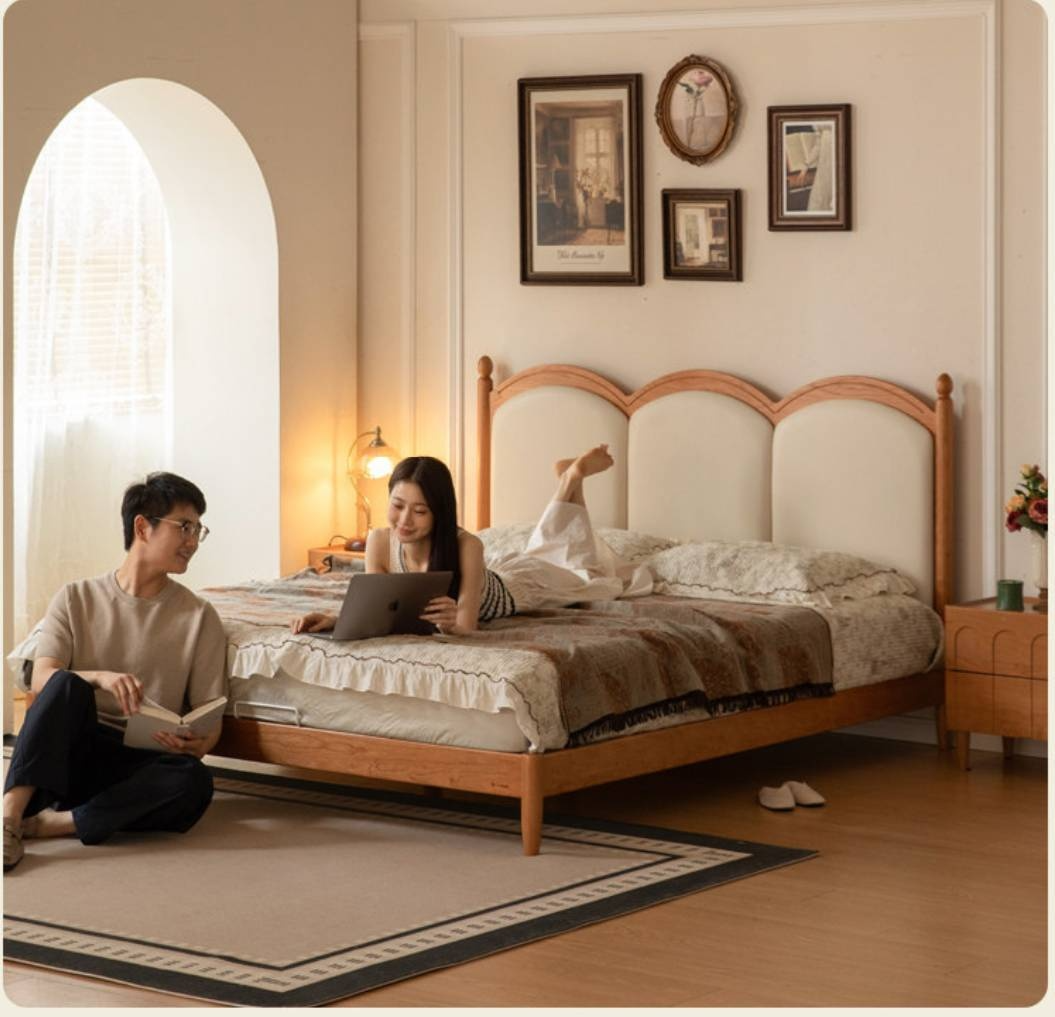 Cherry Wood Solid Wood French Country Bed with Scalloped Arch Panel Headboard