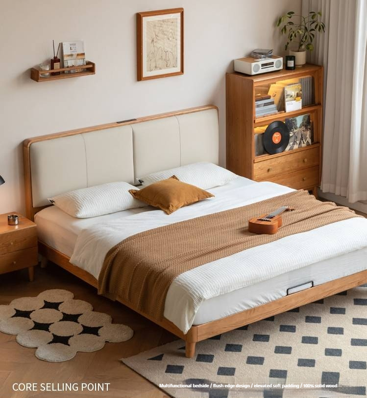 Cherry Solid Wood Bed with Top Layer Cowhide Soft Headboard Retro Style