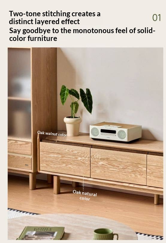 Oak Solid Wood Scandinavian TV Console with Two-Tone Color Block Doors