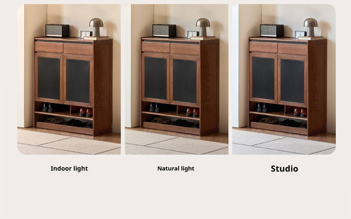 Oak Solid Wood Shoe Cabinet with Flip-Top Compartment and Perforated Metal Door