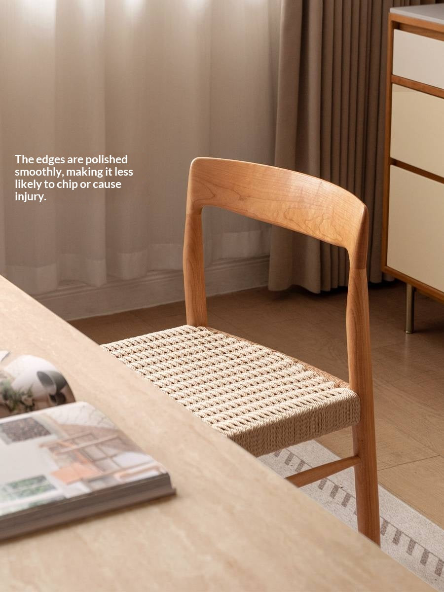 4 pcs -Cherry Solid Wood Dining Chair with Woven Cord Seat, Scandinavian Modern