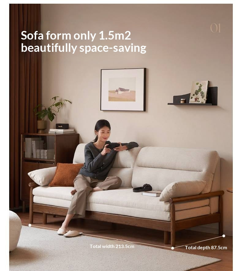 Oak Solid Wood Wood Frame Sleeper Sofa with Reclining Backrest