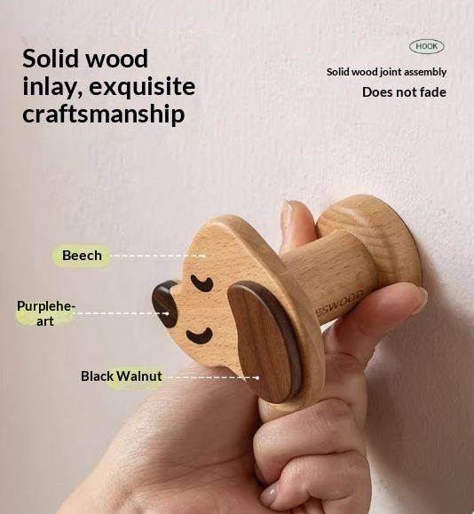 Beech, Black Walnut Solid Wood Puppy-Shaped Wall Hook with Cute Cartoon Design
