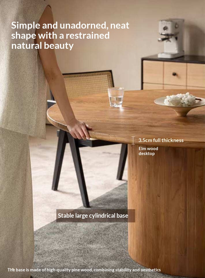 Elm Solid Wood Round Dining Table with Modern Minimalist Design