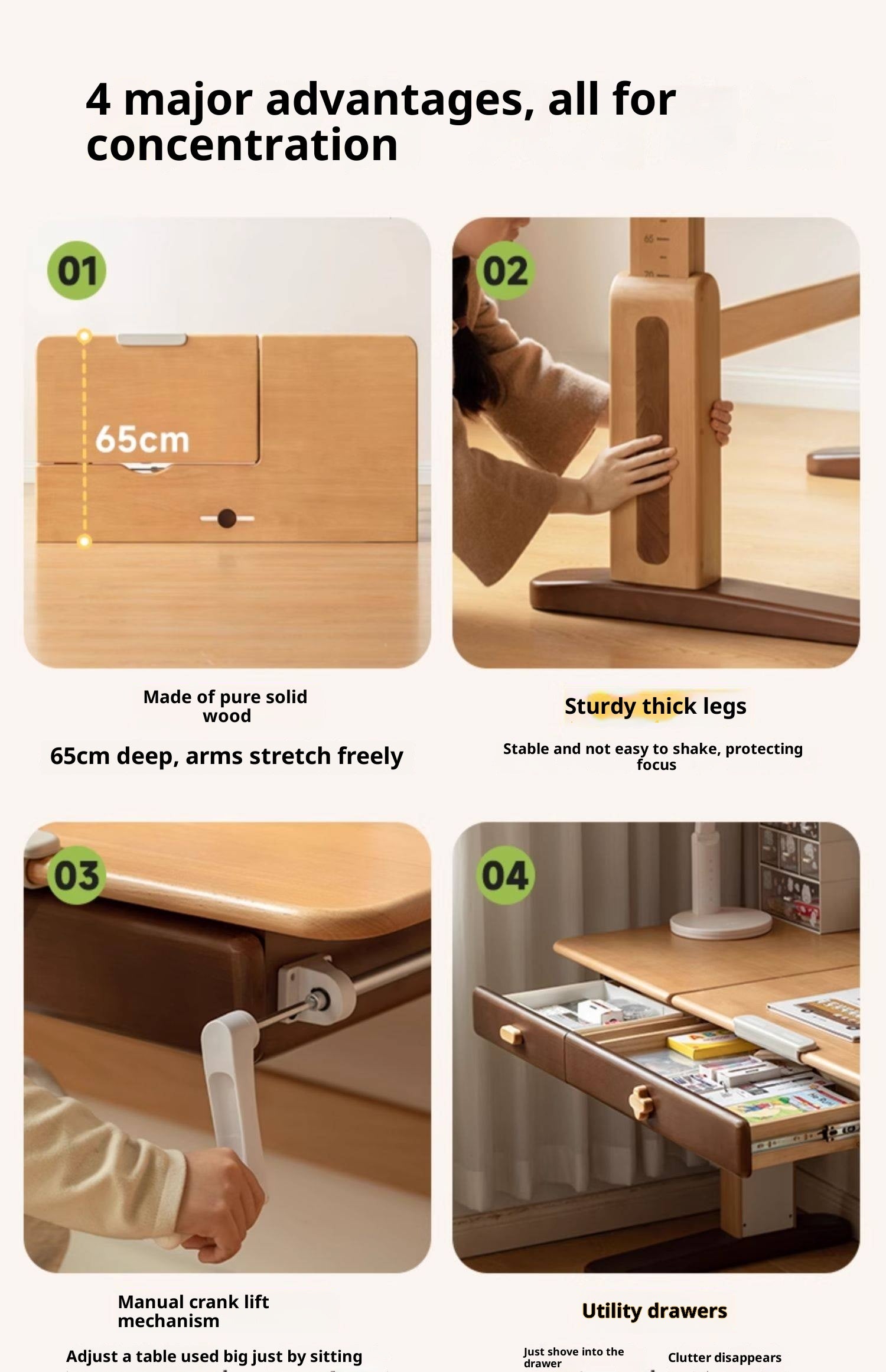 Beech Solid Wood Adjustable Height-Adjustable Study Desk