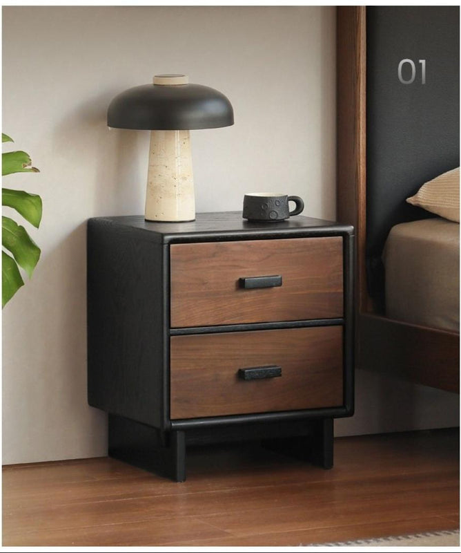 Black Walnut + Oar Solid Wood Two-Tone 2-Drawer Nightstand with Black Legs and Bar Pulls