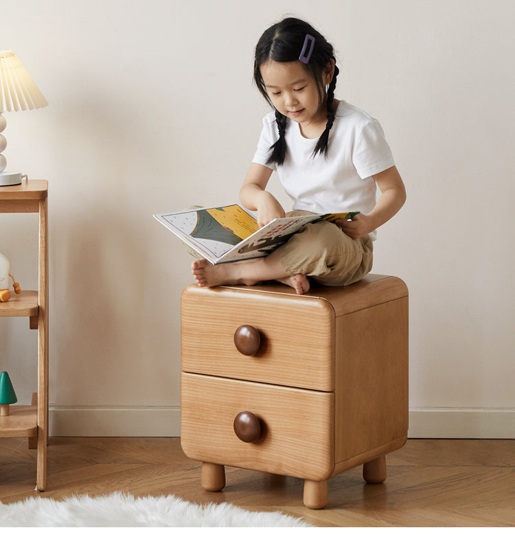 Beech Solid Wood Kids Two-Drawer Nightstand with Round Knob Pulls and Rounded Edges