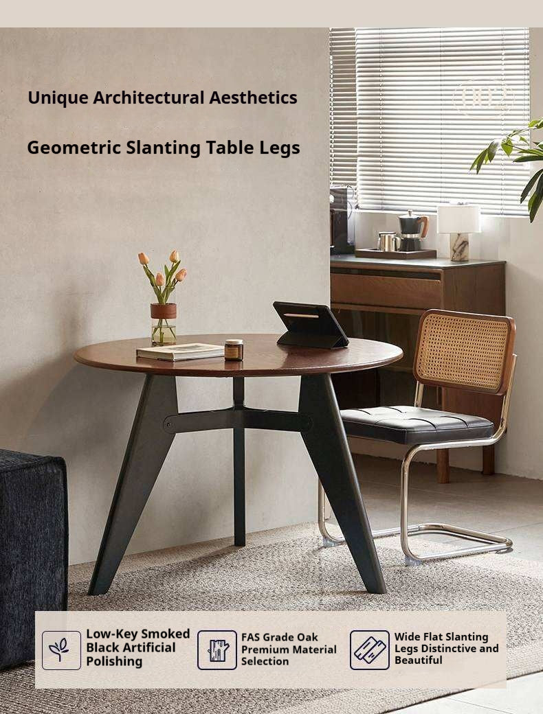 Oak Solid Wood Round Dining Table with Walnut-Stained Base