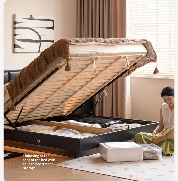 Oak Solid Wood Genuine Leather Upholstered Box Bed Retro Black Floating Bed