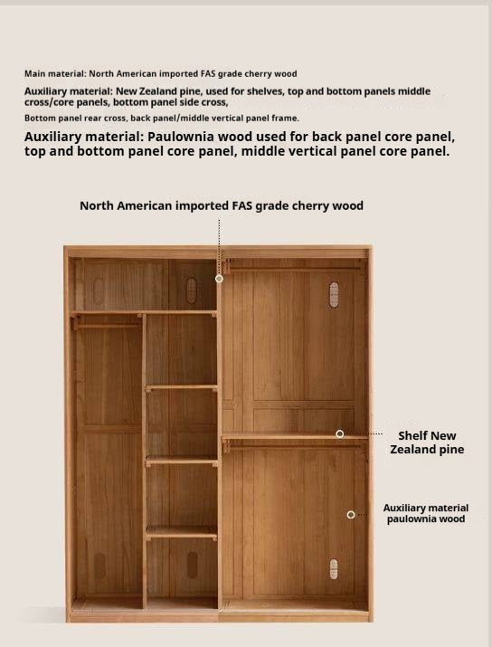 Cherry Wood Sliding Door Wardrobe Armoire with Hanging Rod and Shelves