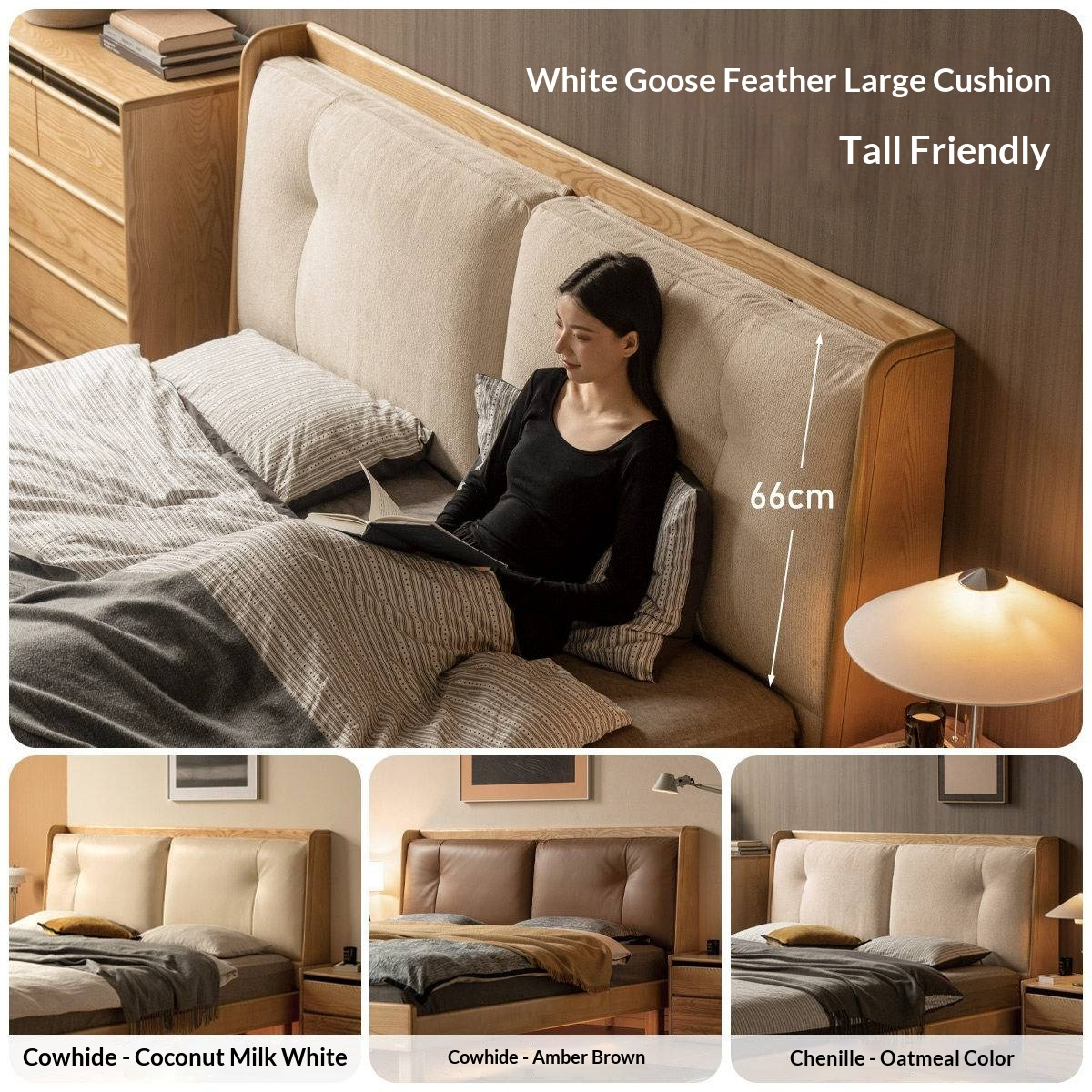 Ash Solid Wood Upholstered Floating Platform Bed with LED Lights