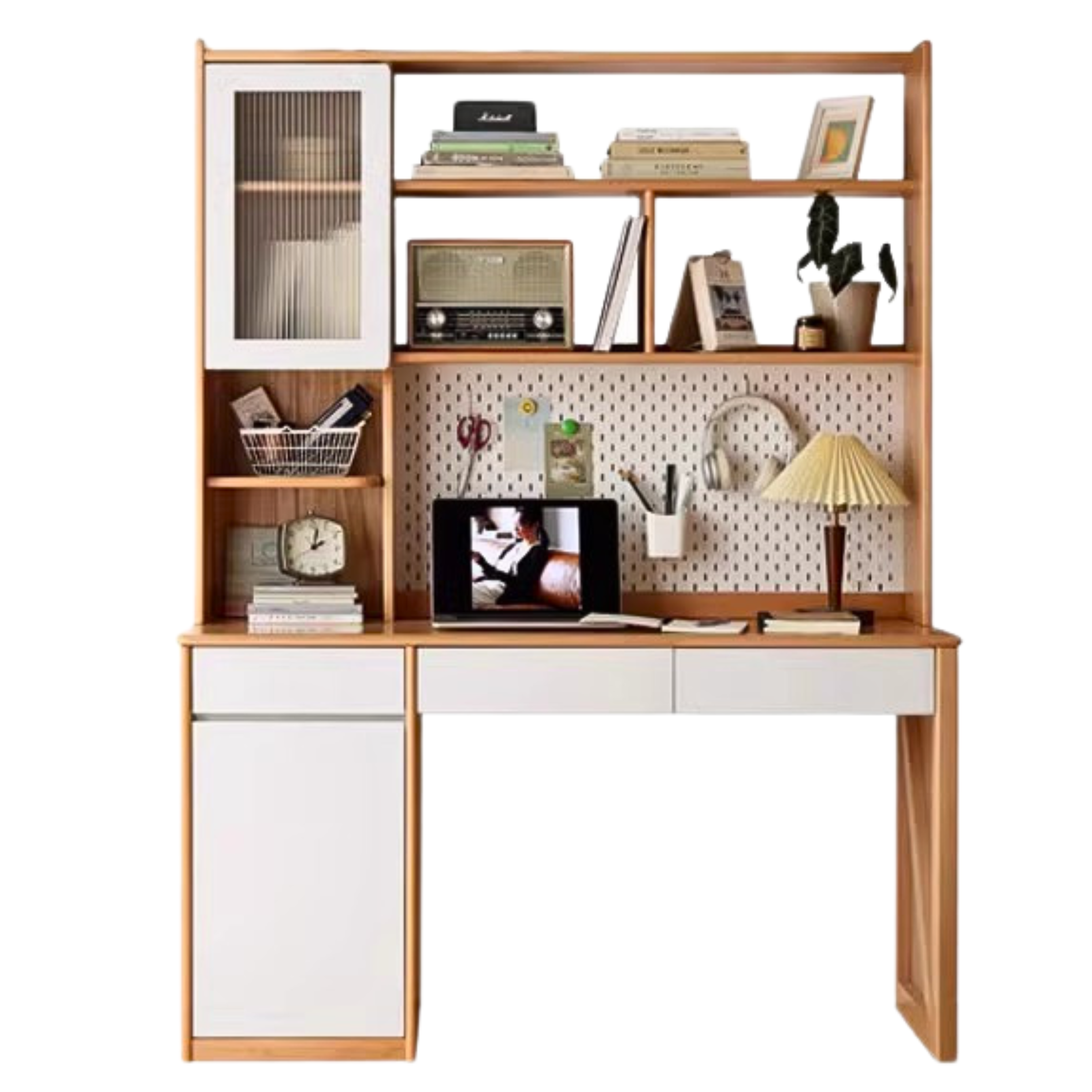 Beech Solid Wood Desk Bookshelf Integrated Study