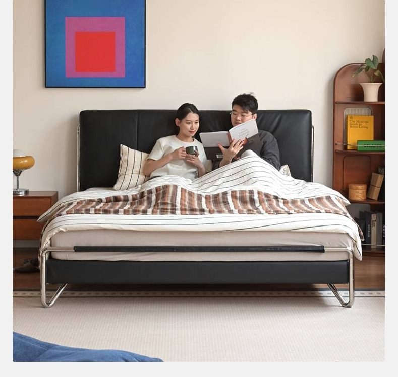 Genuine Leather Italian Style Light Luxury Black Bed