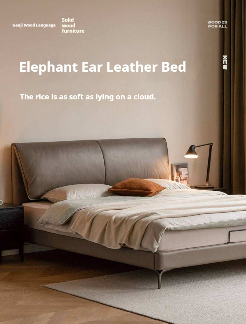 Genuine Leather Sculpted Curved Bed with Tall Sloped Headboard
