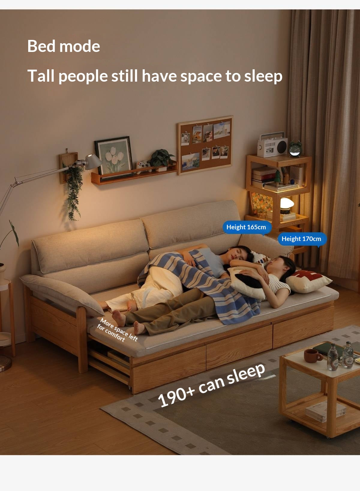 Oak Solid Wood Sofa Bed with Under-Seat Storage Drawers