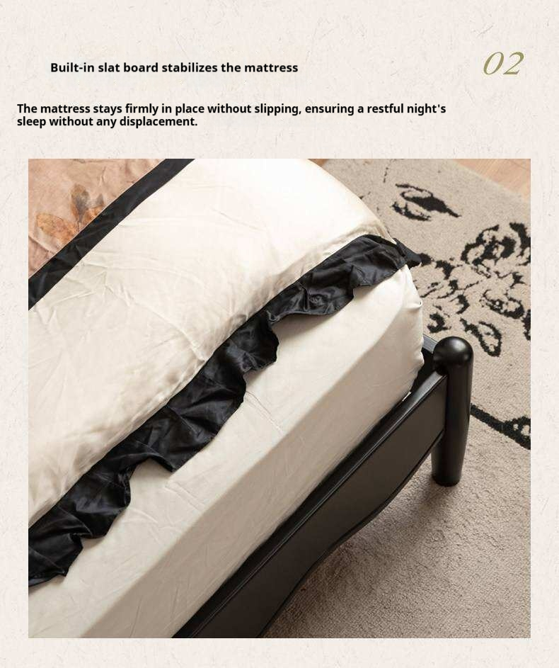 Rubberwood Solid Wood French Style Bed with Black Carved Headboard and Elegant Curved Frame