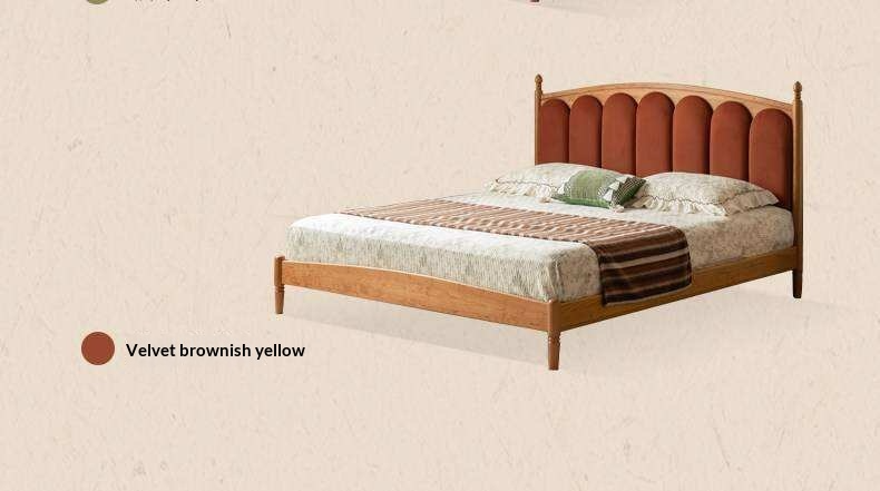 Cherry Solid Wood Genuine Leather, Velvet French-Inspired Scalloped Headboard Bed
