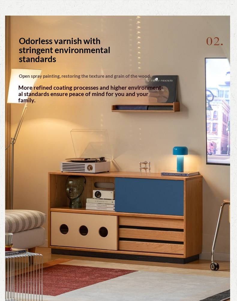 Cherry Solid Wood Vintage TV Stand with Wall-Mounted Tall Cabinet Design