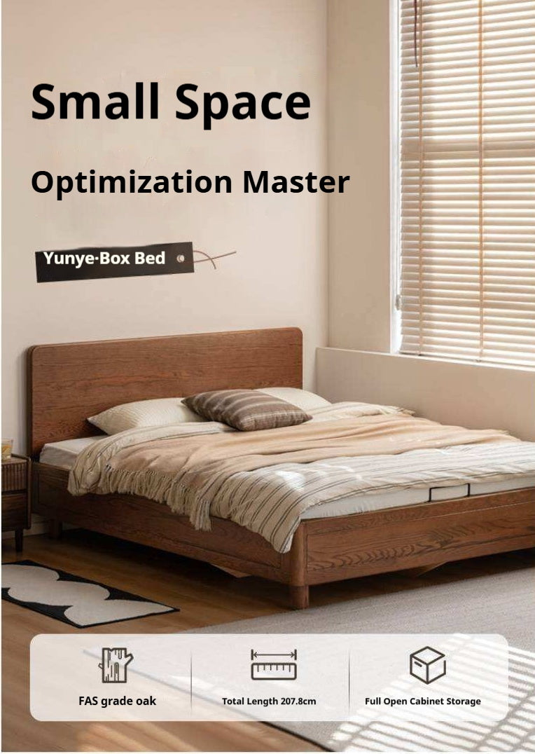 Oak Solid Wood Storage Bed with Gas Lift and Flat Panel Headboard